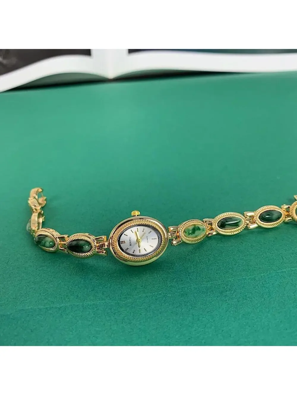 Y2k style Dainty cute Gold style tone quartz watch with green jade stone opal ac